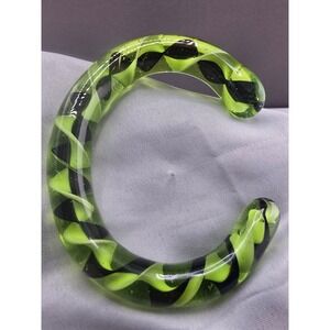 Vintage Estate Glass Cuff Bracelet Neon Green Black Twisted Swirl 6.5